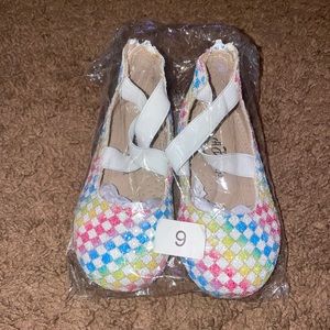 Size 6 white/rainbow checkered chunky glitter ballerinas. New in bag.